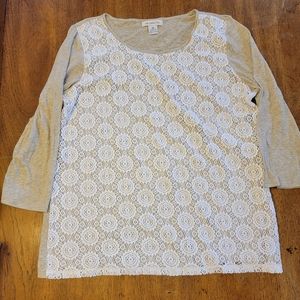 Women's Liz Claiborne 3/4 Long Sleeve Cream and Lace Top - Size XL